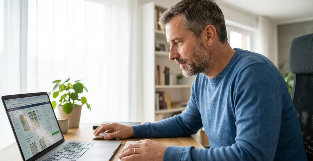 Investisseur analysant des documents LMNP sur ordinateur dans un bureau lumineux