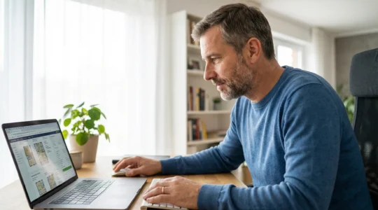 Investisseur analysant des documents LMNP sur ordinateur dans un bureau lumineux